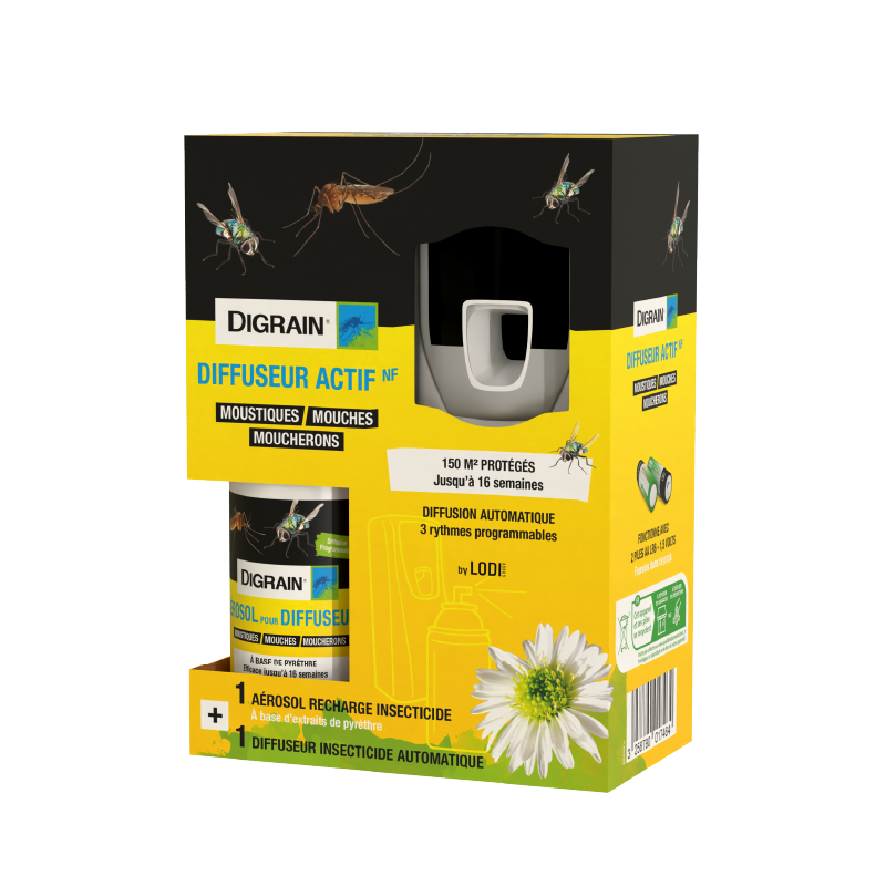 Digrain Kit Diffuseur Automatique + Aérosol Insecticide Anti-Moustiques, Mouches & Moucherons